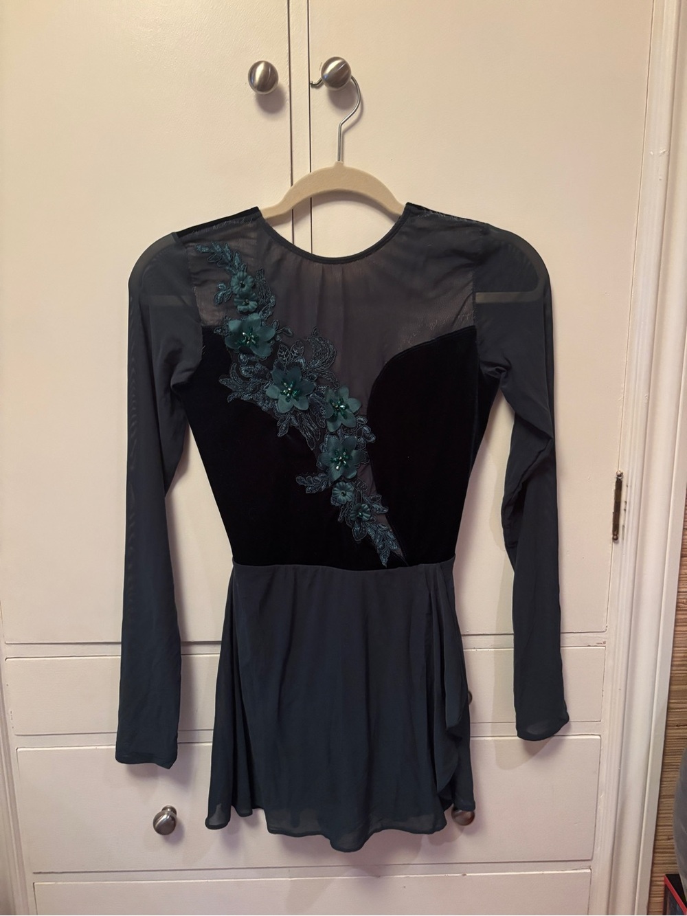 Long-Sleeve Emerald Green Performance Skater Dress with Floral Appliqué
